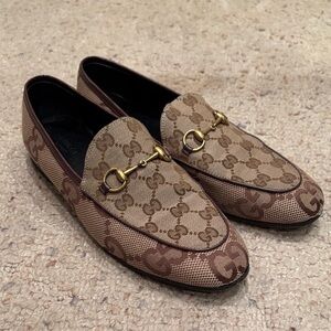 Gucci Beige and Brown Loafers with Gold Accent